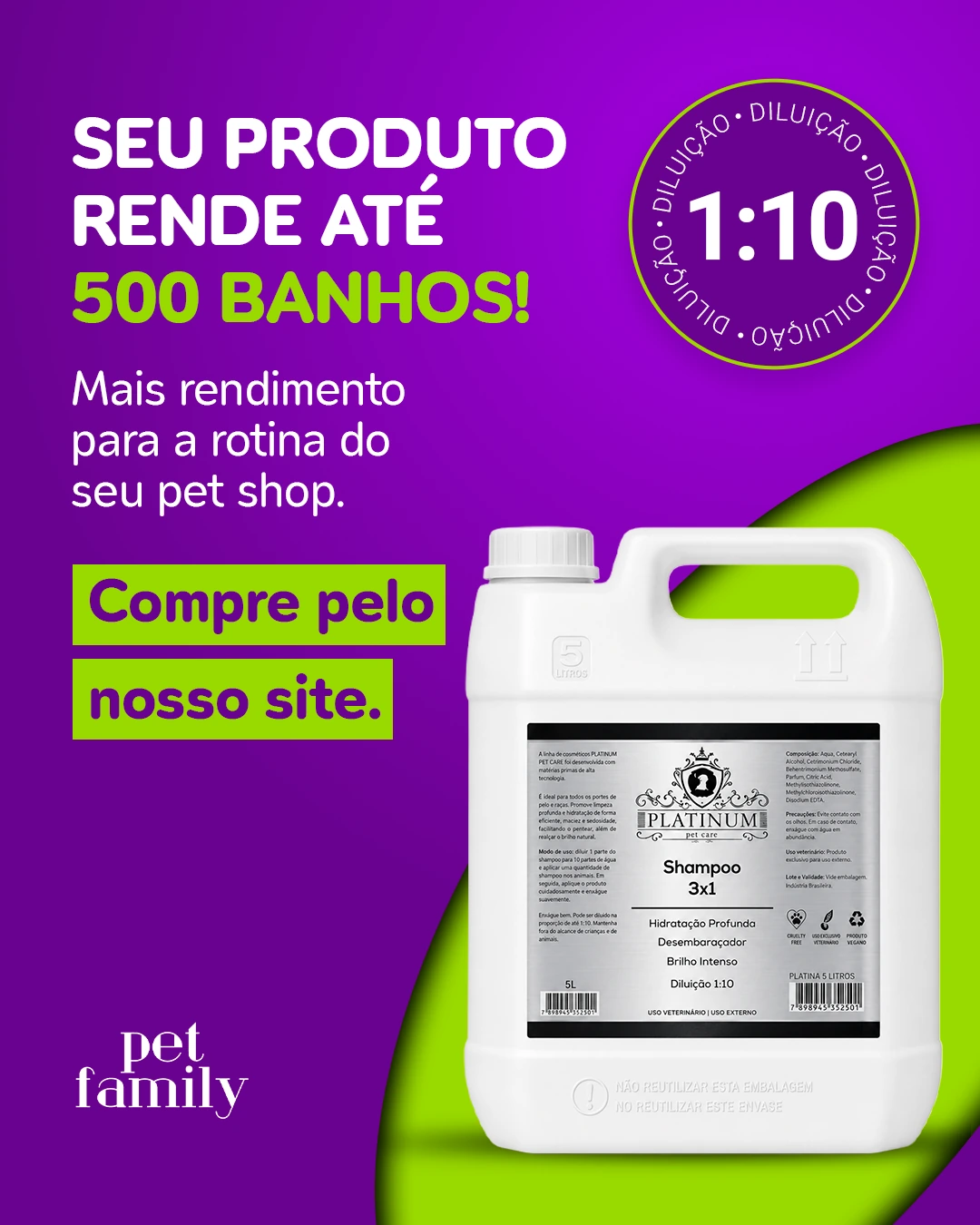 Linha Platinum: diluição 1:10 e rendimento de até 500 banhos para a rotina do pet shop.
